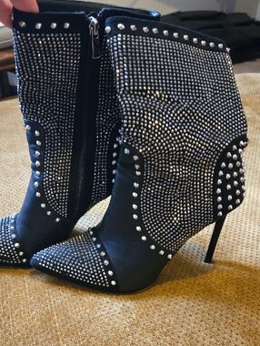 Black Studded Pointed-Toe Ankle Boots with High Stiletto Heel